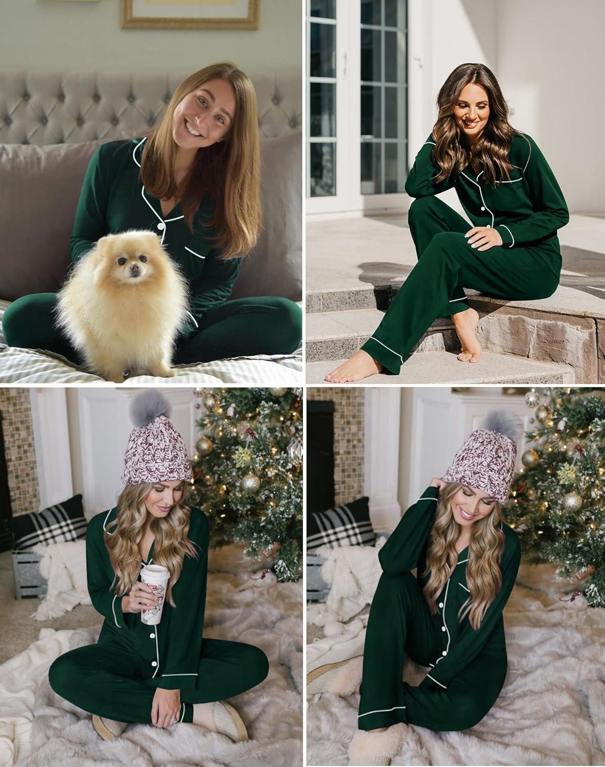 imageSWOMOG Womens Pajamas Set Long Sleeve Sleepwear Button Down Nightwear Soft Cotton Pj Lounge SetsGreen