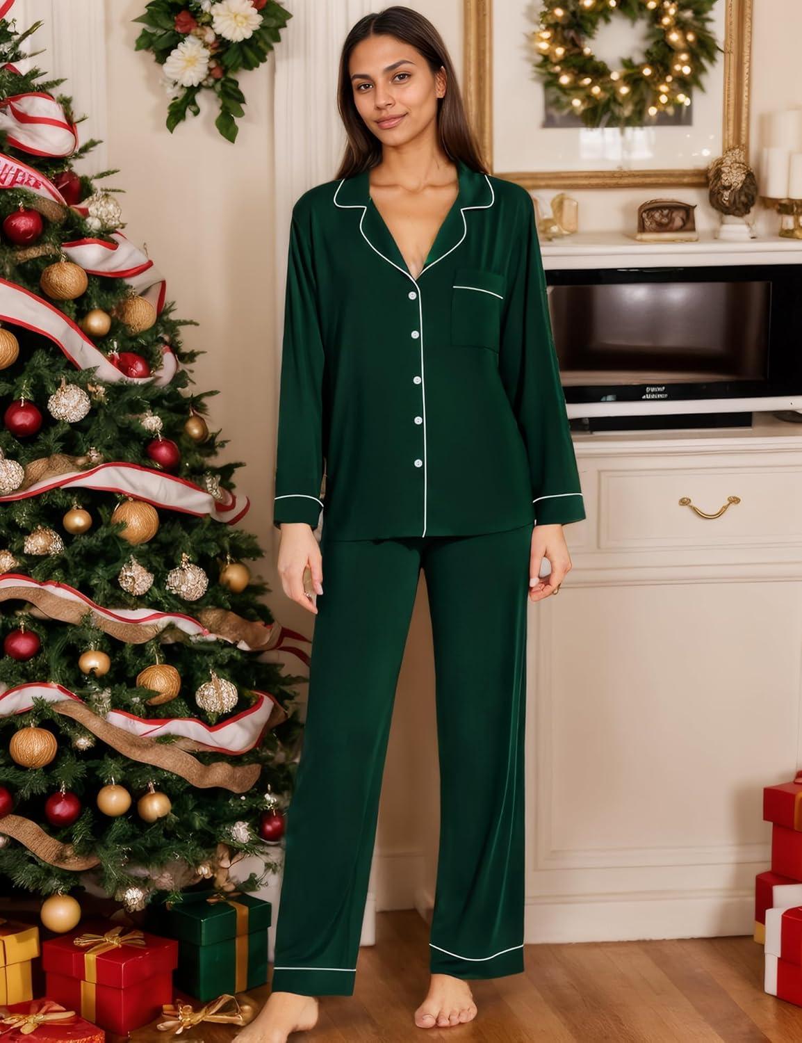 imageSWOMOG Womens Pajamas Set Long Sleeve Sleepwear Button Down Nightwear Soft Cotton Pj Lounge SetsGreen