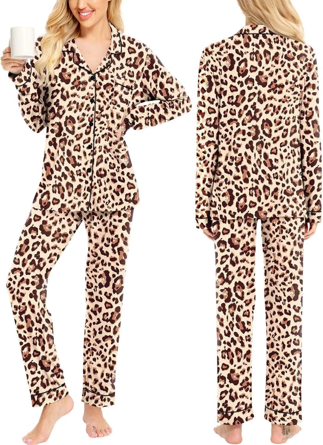 imageSWOMOG Womens Pajamas Set Long Sleeve Sleepwear Button Down Nightwear Soft Cotton Pj Lounge SetsLeopard