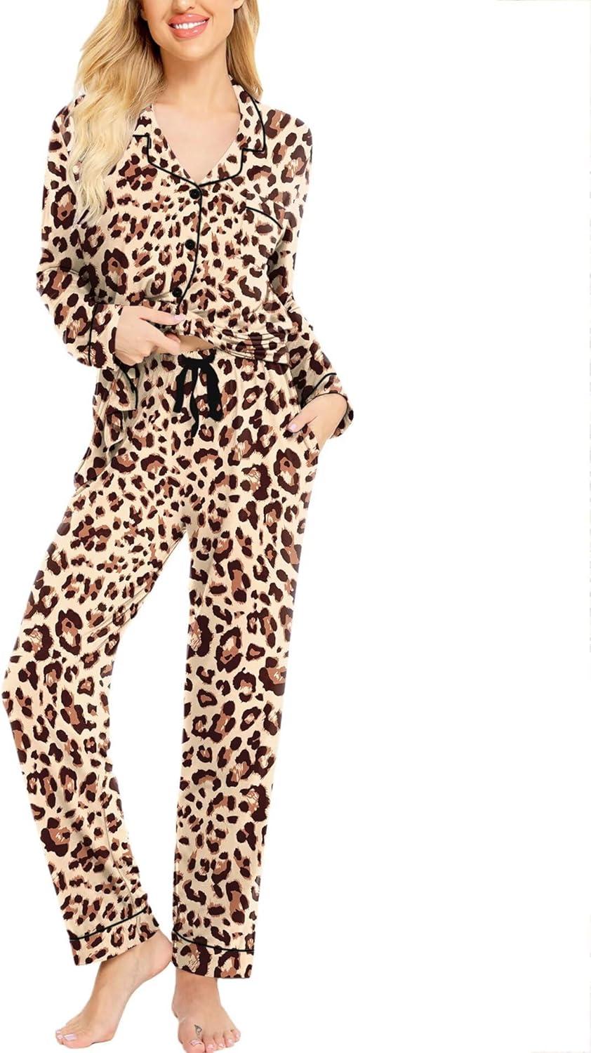 imageSWOMOG Womens Pajamas Set Long Sleeve Sleepwear Button Down Nightwear Soft Cotton Pj Lounge SetsLeopard