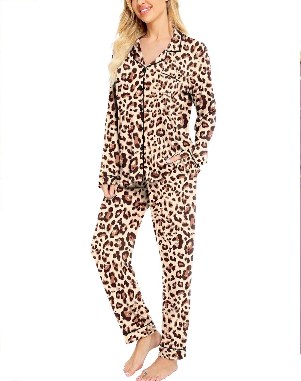 imageSWOMOG Womens Pajamas Set Long Sleeve Sleepwear Button Down Nightwear Soft Cotton Pj Lounge SetsLeopard