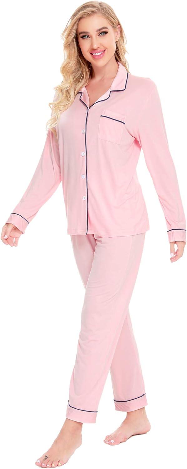 imageSWOMOG Womens Pajamas Set Long Sleeve Sleepwear Button Down Nightwear Soft Cotton Pj Lounge SetsPink