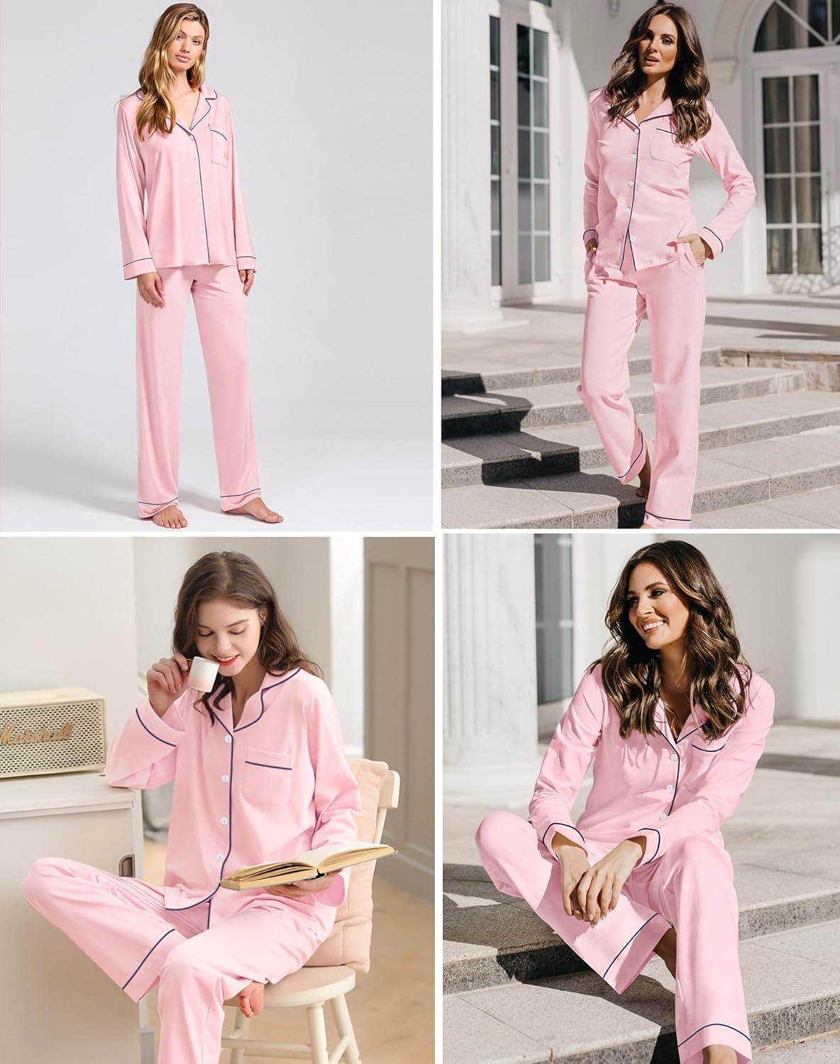 imageSWOMOG Womens Pajamas Set Long Sleeve Sleepwear Button Down Nightwear Soft Cotton Pj Lounge SetsPink