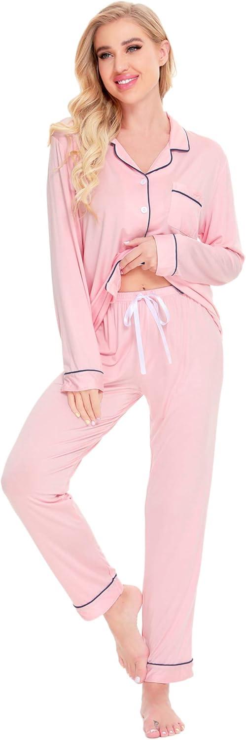 imageSWOMOG Womens Pajamas Set Long Sleeve Sleepwear Button Down Nightwear Soft Cotton Pj Lounge SetsPink