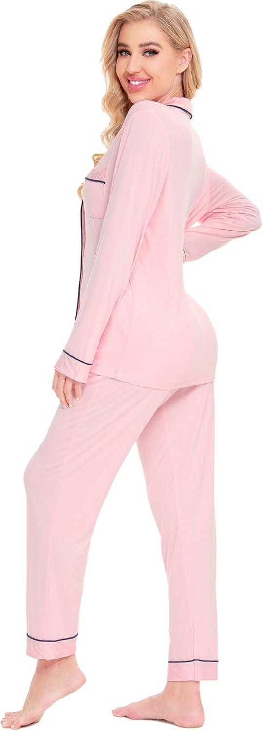 imageSWOMOG Womens Pajamas Set Long Sleeve Sleepwear Button Down Nightwear Soft Cotton Pj Lounge SetsPink