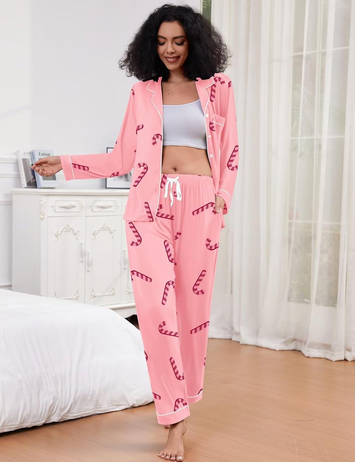 imageSWOMOG Womens Pajamas Set Long Sleeve Sleepwear Button Down Nightwear Soft Cotton Pj Lounge SetsPink Candy Cane