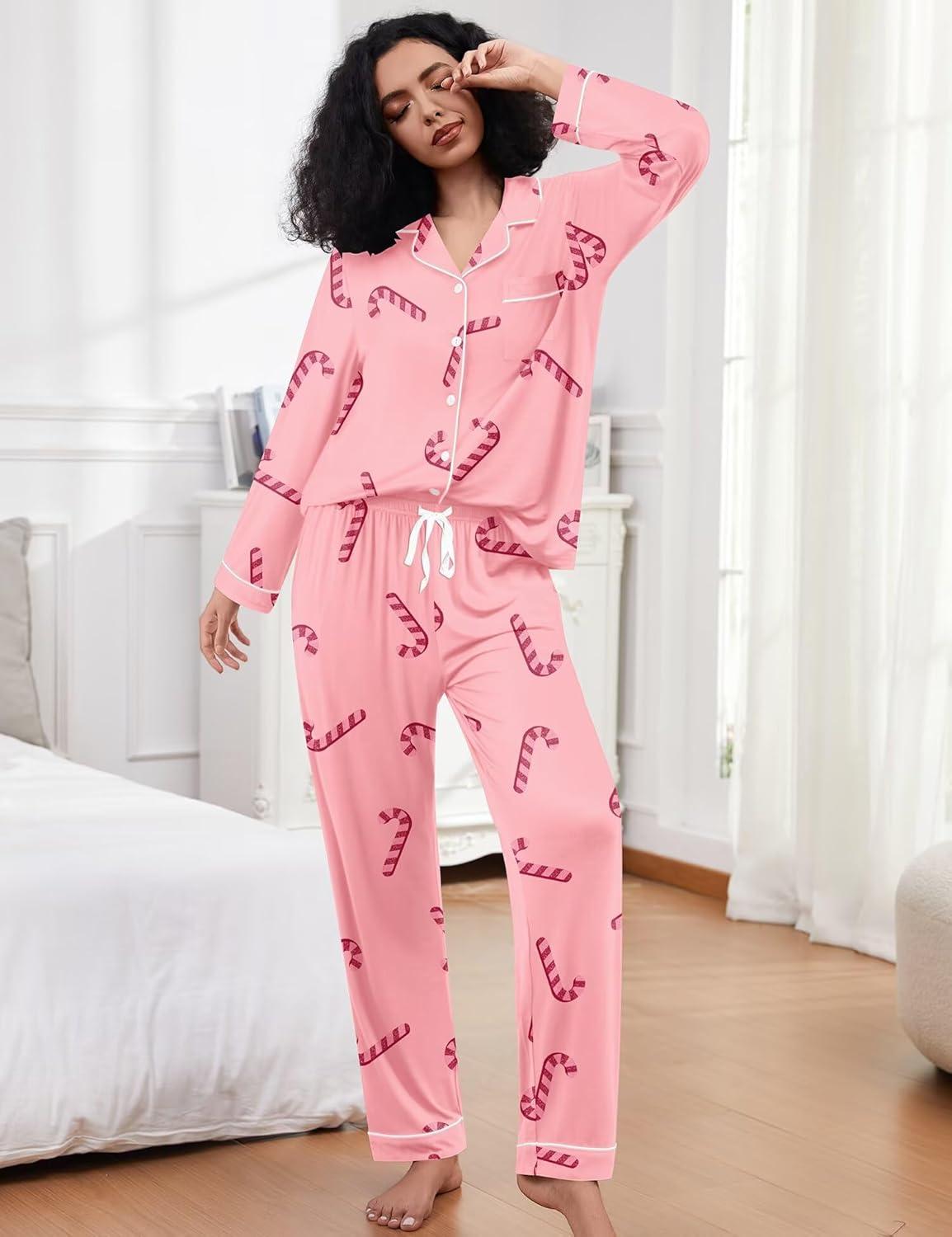 imageSWOMOG Womens Pajamas Set Long Sleeve Sleepwear Button Down Nightwear Soft Cotton Pj Lounge SetsPink Candy Cane