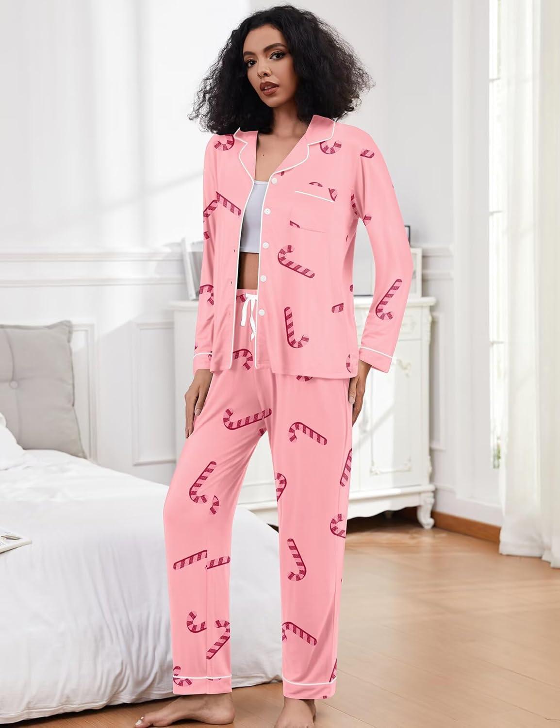 imageSWOMOG Womens Pajamas Set Long Sleeve Sleepwear Button Down Nightwear Soft Cotton Pj Lounge SetsPink Candy Cane