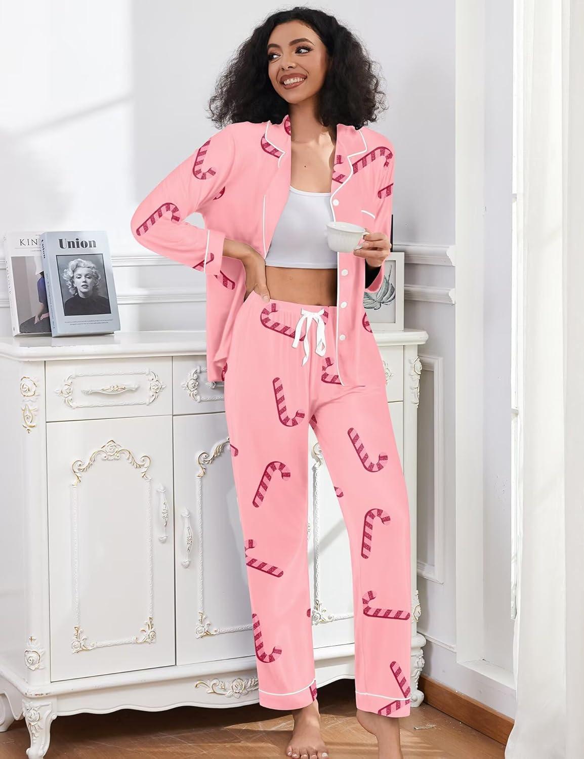 imageSWOMOG Womens Pajamas Set Long Sleeve Sleepwear Button Down Nightwear Soft Cotton Pj Lounge SetsPink Candy Cane