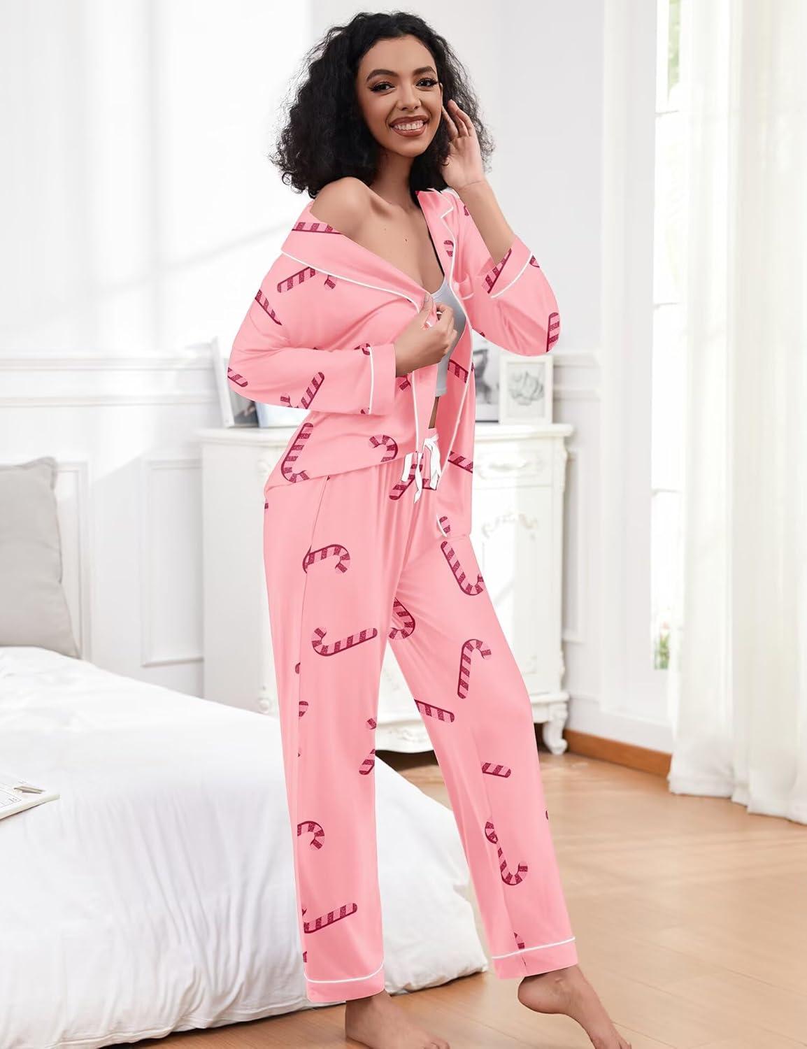 imageSWOMOG Womens Pajamas Set Long Sleeve Sleepwear Button Down Nightwear Soft Cotton Pj Lounge SetsPink Candy Cane
