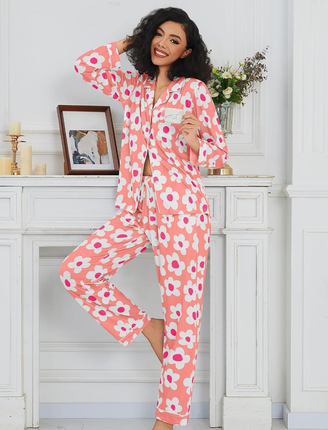 imageSWOMOG Womens Pajamas Set Long Sleeve Sleepwear Button Down Nightwear Soft Cotton Pj Lounge SetsPink Flower
