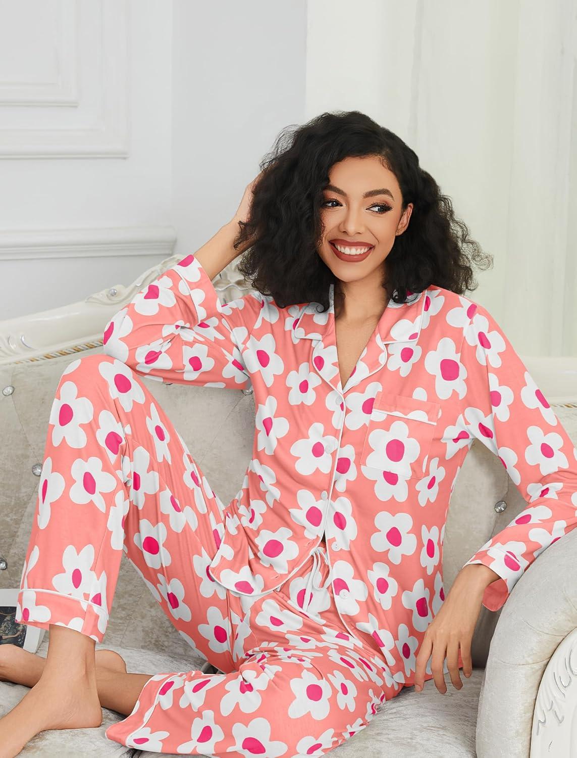 imageSWOMOG Womens Pajamas Set Long Sleeve Sleepwear Button Down Nightwear Soft Cotton Pj Lounge SetsPink Flower
