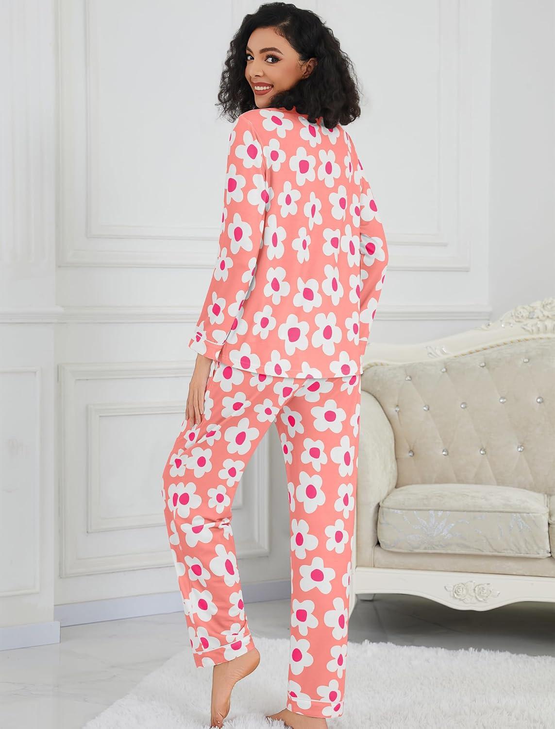 imageSWOMOG Womens Pajamas Set Long Sleeve Sleepwear Button Down Nightwear Soft Cotton Pj Lounge SetsPink Flower
