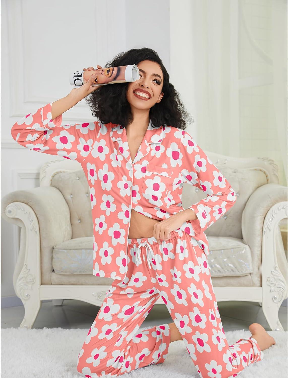 imageSWOMOG Womens Pajamas Set Long Sleeve Sleepwear Button Down Nightwear Soft Cotton Pj Lounge SetsPink Flower
