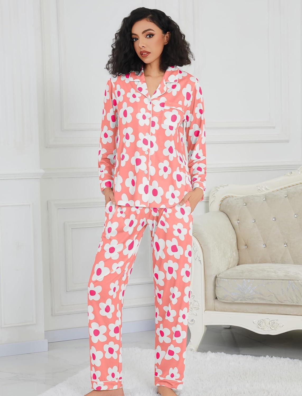imageSWOMOG Womens Pajamas Set Long Sleeve Sleepwear Button Down Nightwear Soft Cotton Pj Lounge SetsPink Flower
