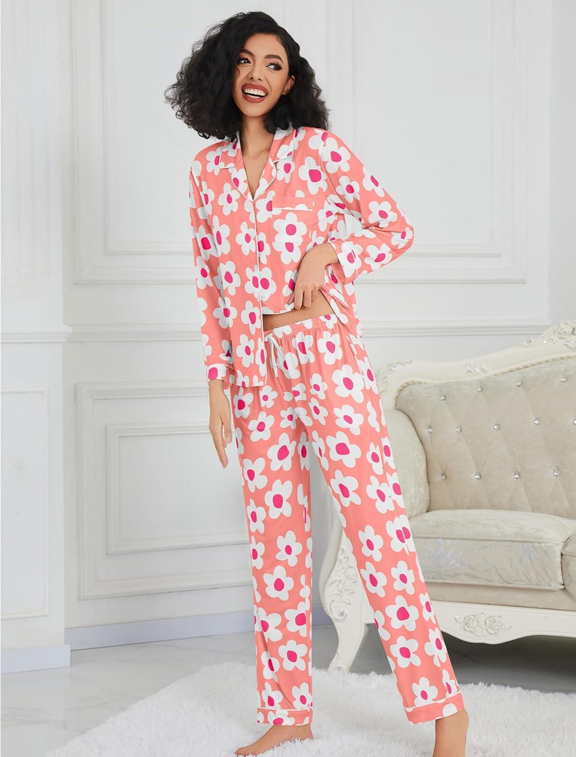 imageSWOMOG Womens Pajamas Set Long Sleeve Sleepwear Button Down Nightwear Soft Cotton Pj Lounge SetsPink Flower