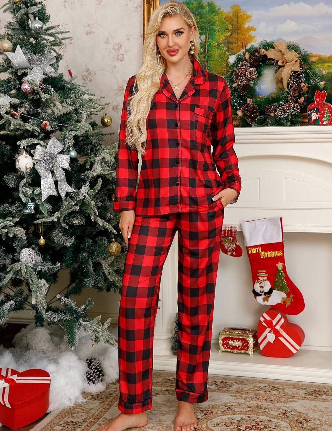 imageSWOMOG Womens Pajamas Set Long Sleeve Sleepwear Button Down Nightwear Soft Cotton Pj Lounge SetsRed Plaid