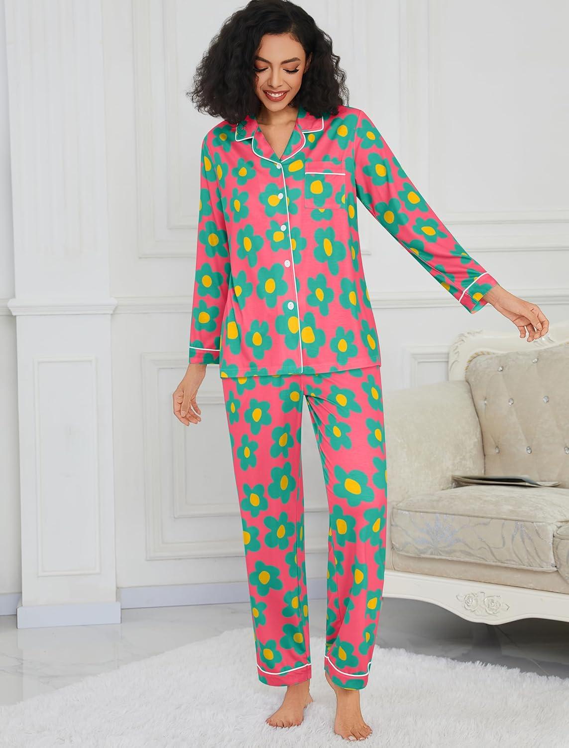 imageSWOMOG Womens Pajamas Set Long Sleeve Sleepwear Button Down Nightwear Soft Cotton Pj Lounge SetsRose Blue Flower