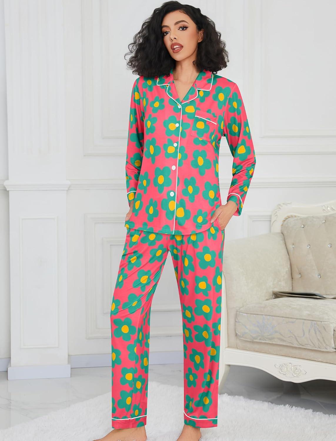 imageSWOMOG Womens Pajamas Set Long Sleeve Sleepwear Button Down Nightwear Soft Cotton Pj Lounge SetsRose Blue Flower