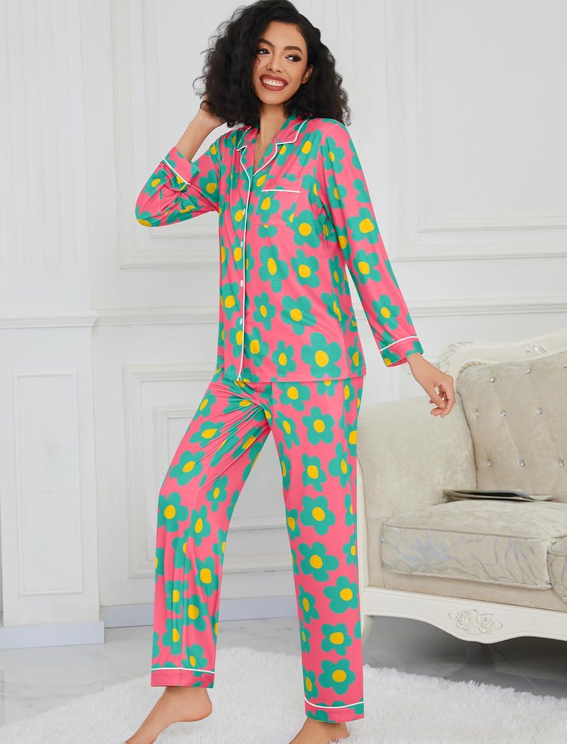 imageSWOMOG Womens Pajamas Set Long Sleeve Sleepwear Button Down Nightwear Soft Cotton Pj Lounge SetsRose Blue Flower