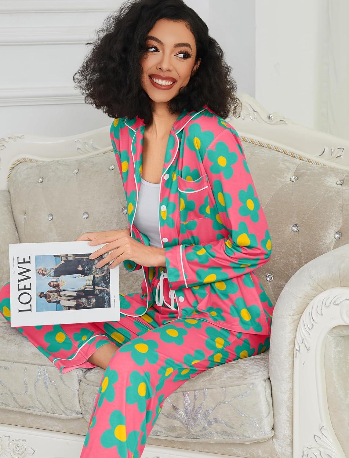 imageSWOMOG Womens Pajamas Set Long Sleeve Sleepwear Button Down Nightwear Soft Cotton Pj Lounge SetsRose Blue Flower