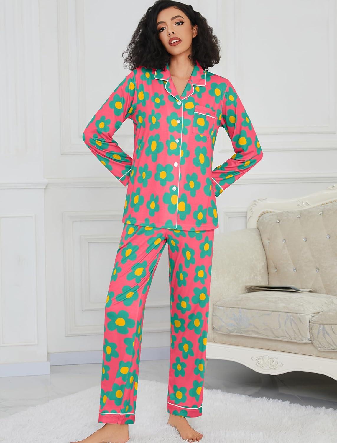 imageSWOMOG Womens Pajamas Set Long Sleeve Sleepwear Button Down Nightwear Soft Cotton Pj Lounge SetsRose Blue Flower