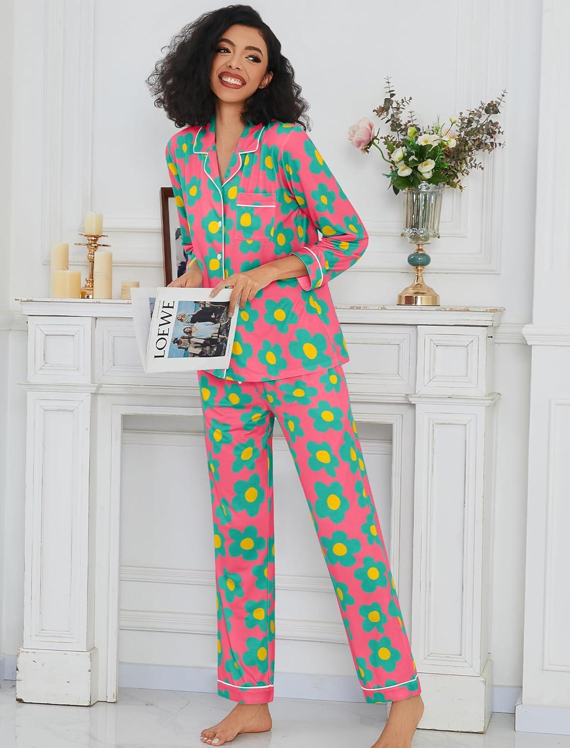 imageSWOMOG Womens Pajamas Set Long Sleeve Sleepwear Button Down Nightwear Soft Cotton Pj Lounge SetsRose Blue Flower