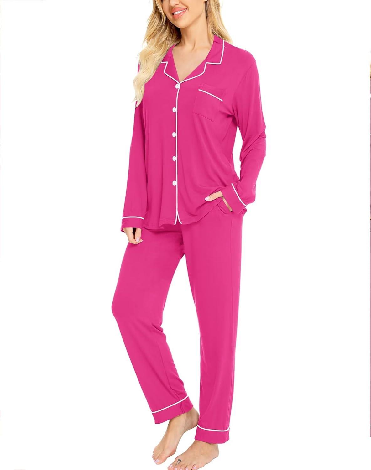 imageSWOMOG Womens Pajamas Set Long Sleeve Sleepwear Button Down Nightwear Soft Cotton Pj Lounge SetsRose Red