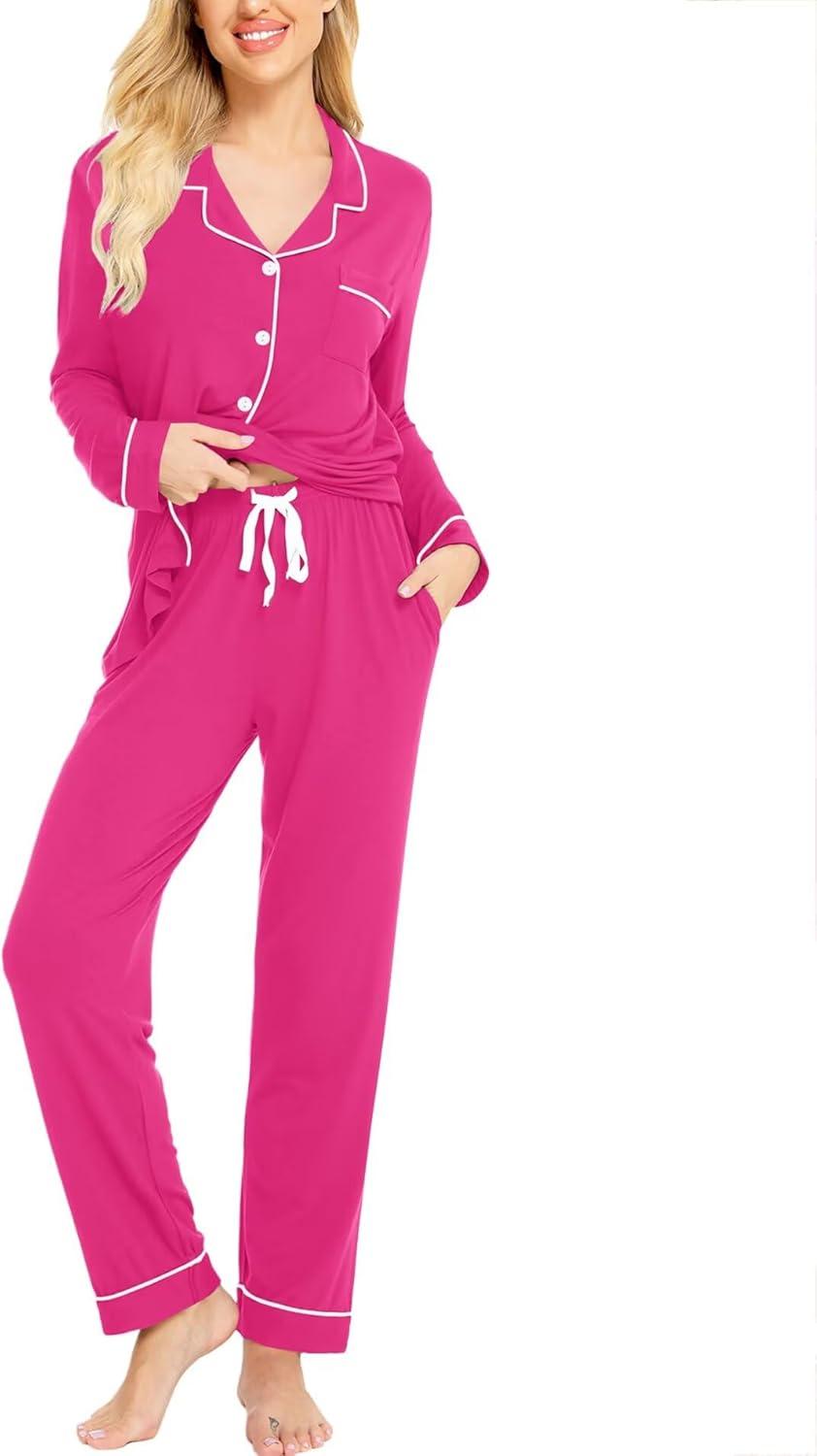 imageSWOMOG Womens Pajamas Set Long Sleeve Sleepwear Button Down Nightwear Soft Cotton Pj Lounge SetsRose Red