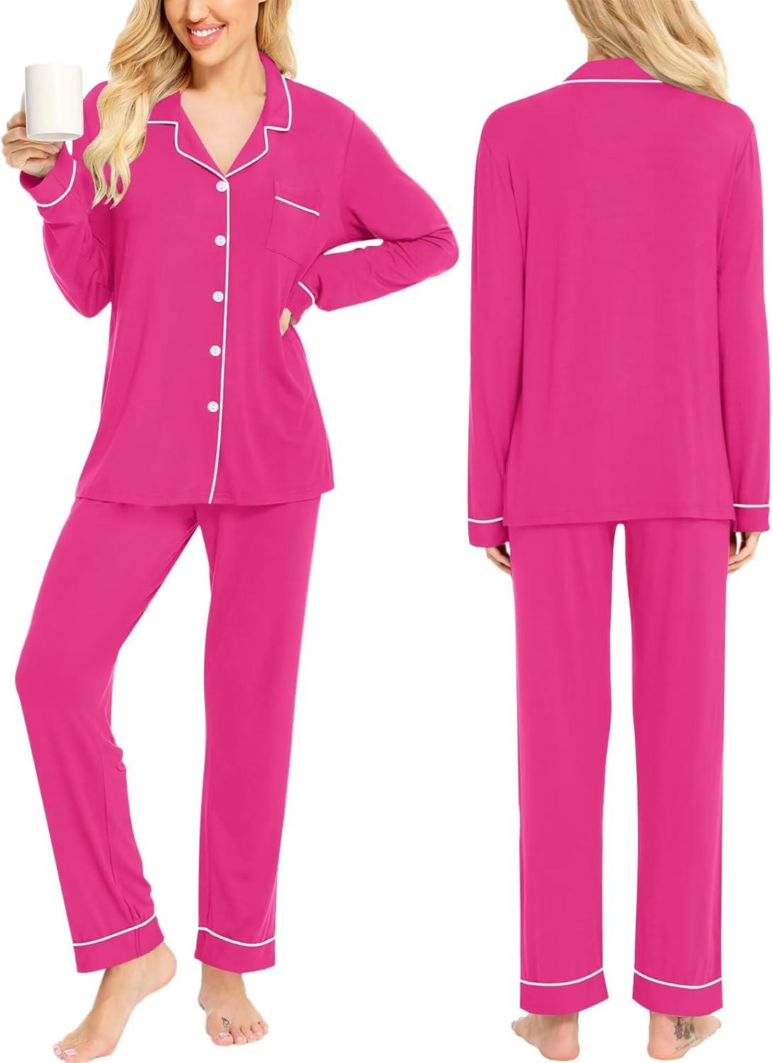 imageSWOMOG Womens Pajamas Set Long Sleeve Sleepwear Button Down Nightwear Soft Cotton Pj Lounge SetsRose Red