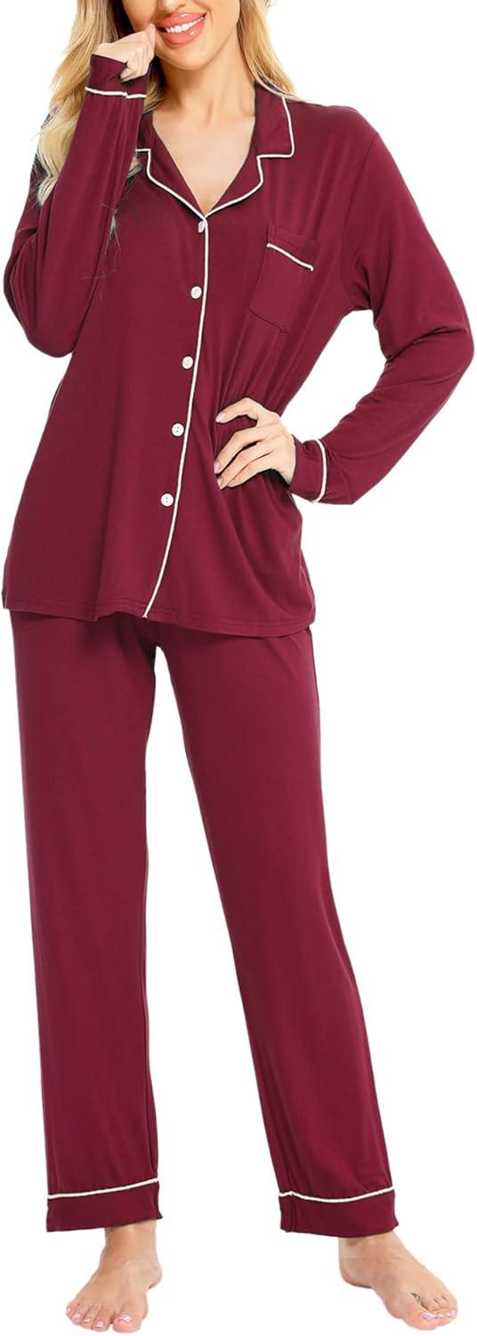imageSWOMOG Womens Pajamas Set Long Sleeve Sleepwear Button Down Nightwear Soft Cotton Pj Lounge SetsWine Red
