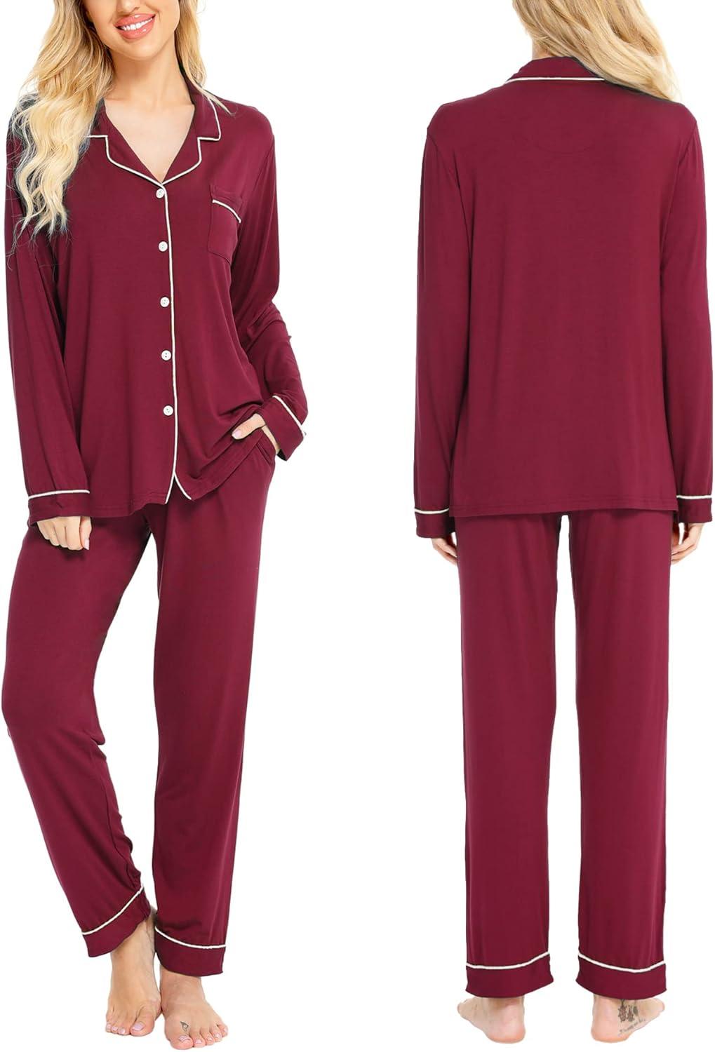 imageSWOMOG Womens Pajamas Set Long Sleeve Sleepwear Button Down Nightwear Soft Cotton Pj Lounge SetsWine Red