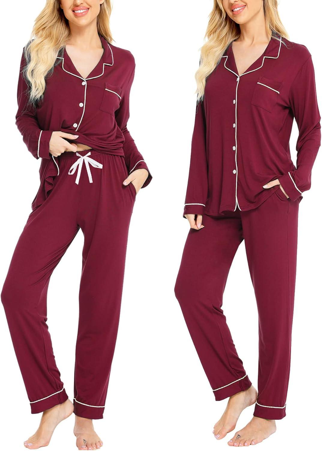 imageSWOMOG Womens Pajamas Set Long Sleeve Sleepwear Button Down Nightwear Soft Cotton Pj Lounge SetsWine Red