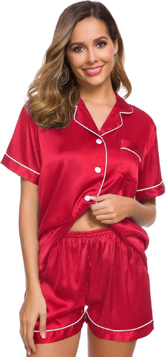 imageSWOMOG Womens Silk Satin Pajamas Set Short Sleeve Sleepwear Button Down Top and Shorts Loungewear 2 Piece Pjs Set XS3XLApple Red