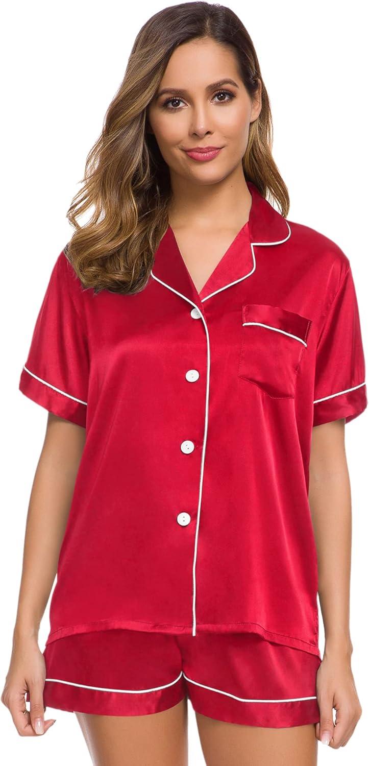 imageSWOMOG Womens Silk Satin Pajamas Set Short Sleeve Sleepwear Button Down Top and Shorts Loungewear 2 Piece Pjs Set XS3XLApple Red