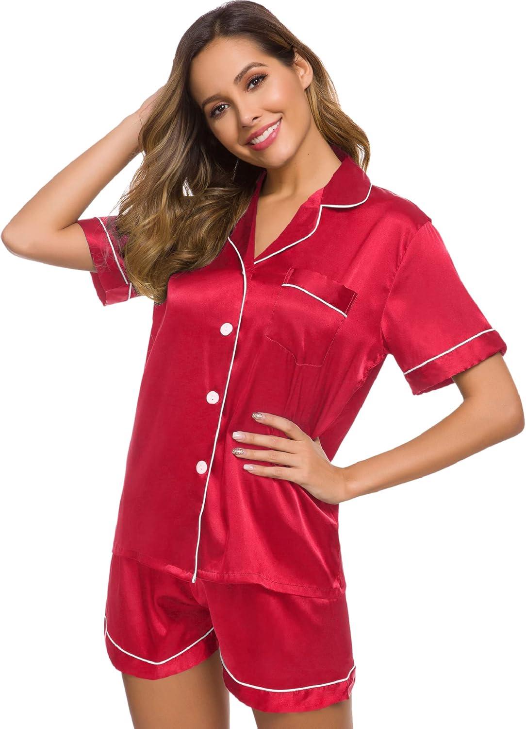 imageSWOMOG Womens Silk Satin Pajamas Set Short Sleeve Sleepwear Button Down Top and Shorts Loungewear 2 Piece Pjs Set XS3XLApple Red