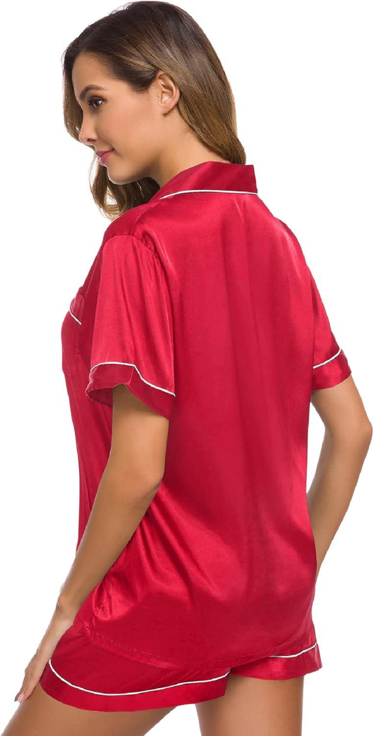 imageSWOMOG Womens Silk Satin Pajamas Set Short Sleeve Sleepwear Button Down Top and Shorts Loungewear 2 Piece Pjs Set XS3XLApple Red