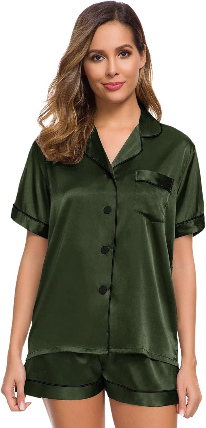 imageSWOMOG Womens Silk Satin Pajamas Set Short Sleeve Sleepwear Button Down Top and Shorts Loungewear 2 Piece Pjs Set XS3XLArmy Green