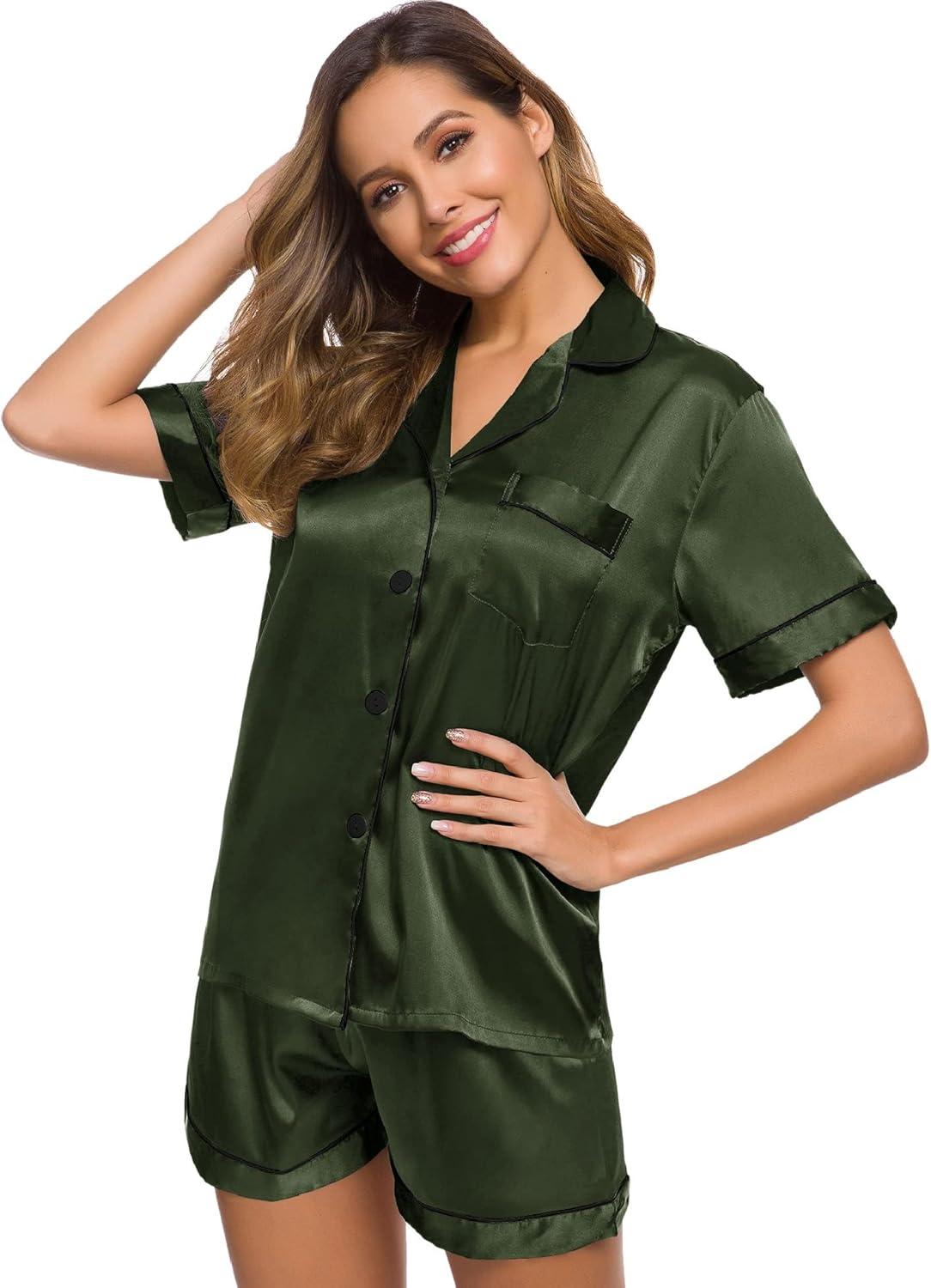imageSWOMOG Womens Silk Satin Pajamas Set Short Sleeve Sleepwear Button Down Top and Shorts Loungewear 2 Piece Pjs Set XS3XLArmy Green