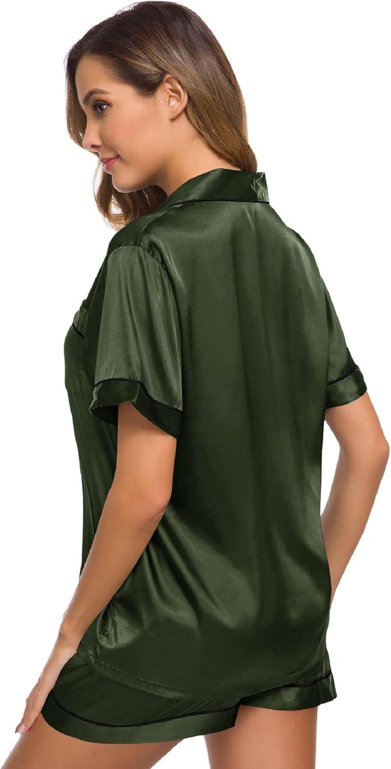 imageSWOMOG Womens Silk Satin Pajamas Set Short Sleeve Sleepwear Button Down Top and Shorts Loungewear 2 Piece Pjs Set XS3XLArmy Green