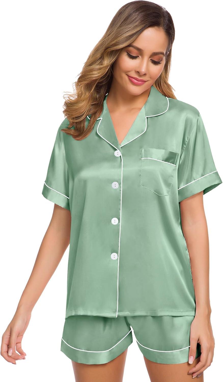 imageSWOMOG Womens Silk Satin Pajamas Set Short Sleeve Sleepwear Button Down Top and Shorts Loungewear 2 Piece Pjs Set XS3XLAvocado Green
