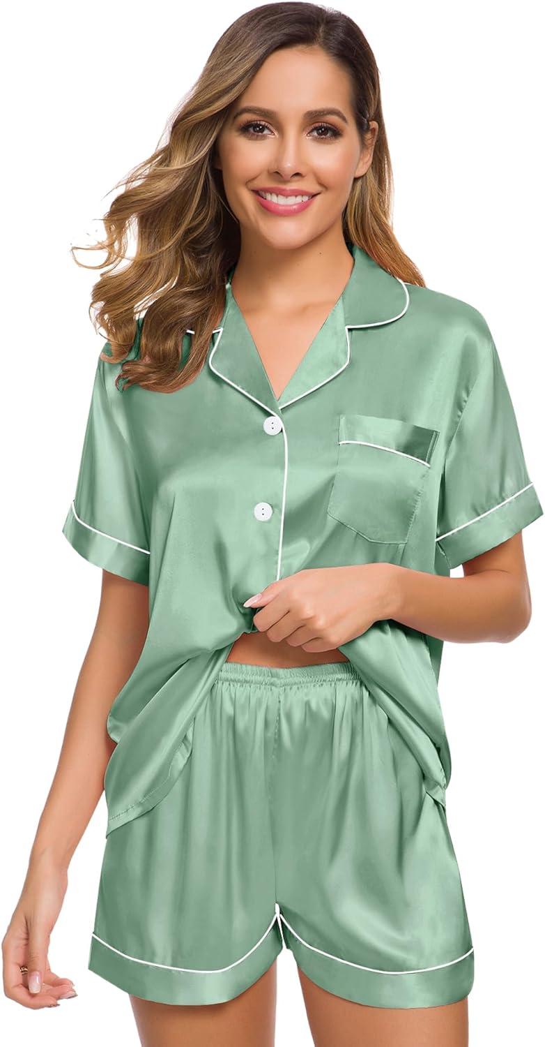 imageSWOMOG Womens Silk Satin Pajamas Set Short Sleeve Sleepwear Button Down Top and Shorts Loungewear 2 Piece Pjs Set XS3XLAvocado Green