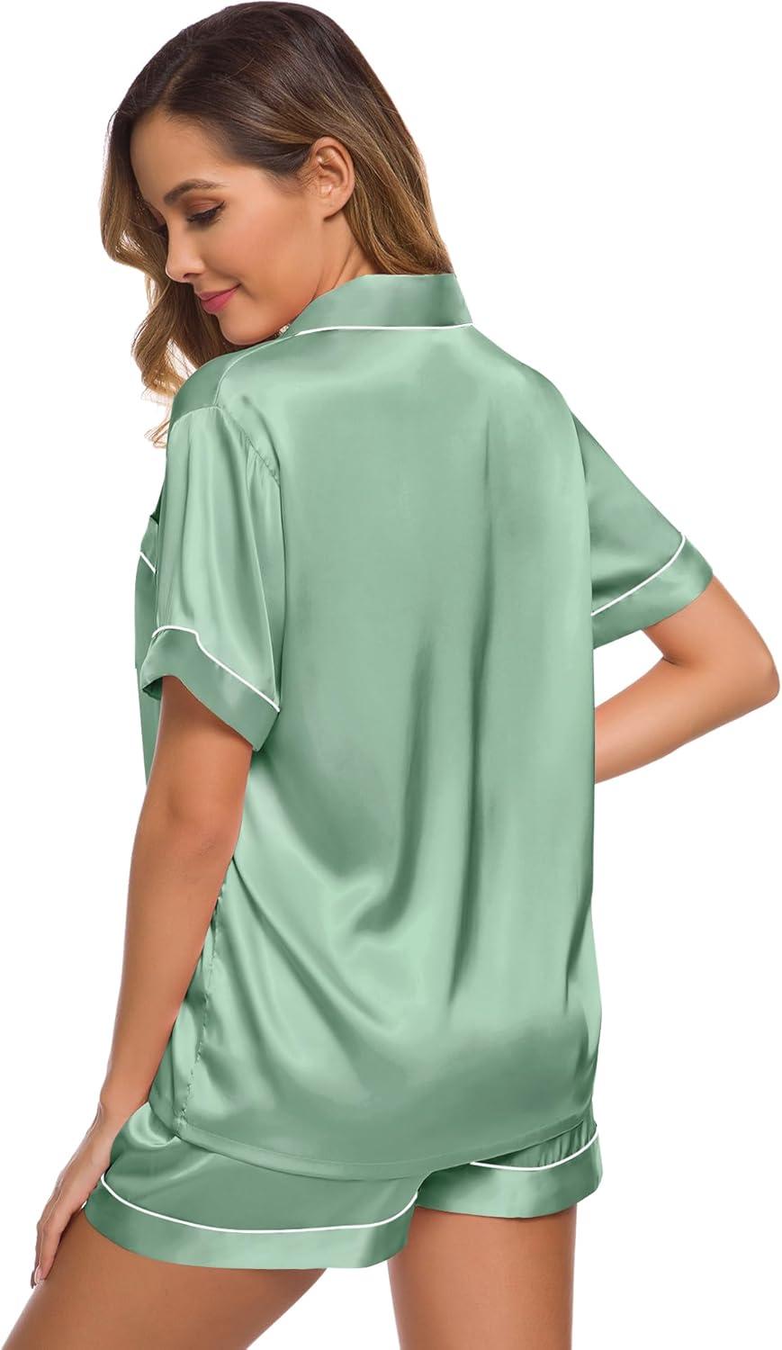 imageSWOMOG Womens Silk Satin Pajamas Set Short Sleeve Sleepwear Button Down Top and Shorts Loungewear 2 Piece Pjs Set XS3XLAvocado Green