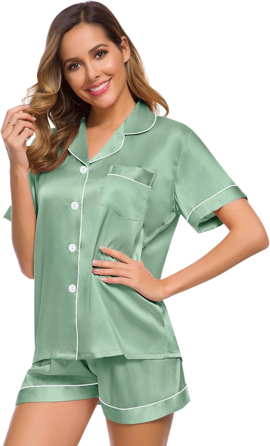 imageSWOMOG Womens Silk Satin Pajamas Set Short Sleeve Sleepwear Button Down Top and Shorts Loungewear 2 Piece Pjs Set XS3XLAvocado Green