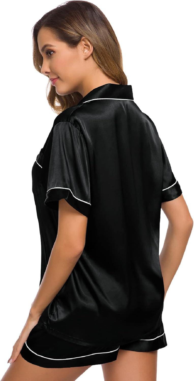 imageSWOMOG Womens Silk Satin Pajamas Set Short Sleeve Sleepwear Button Down Top and Shorts Loungewear 2 Piece Pjs Set XS3XLBlack
