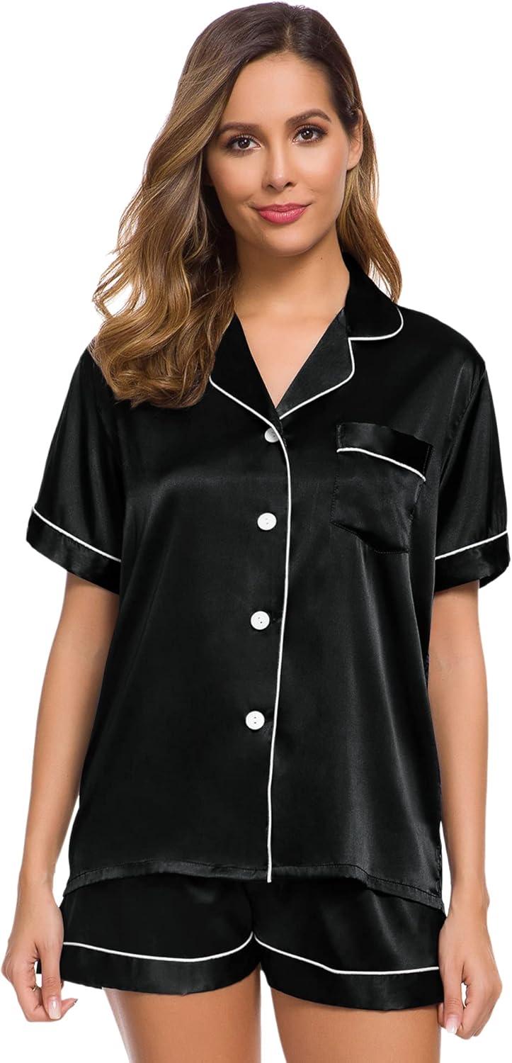 imageSWOMOG Womens Silk Satin Pajamas Set Short Sleeve Sleepwear Button Down Top and Shorts Loungewear 2 Piece Pjs Set XS3XLBlack