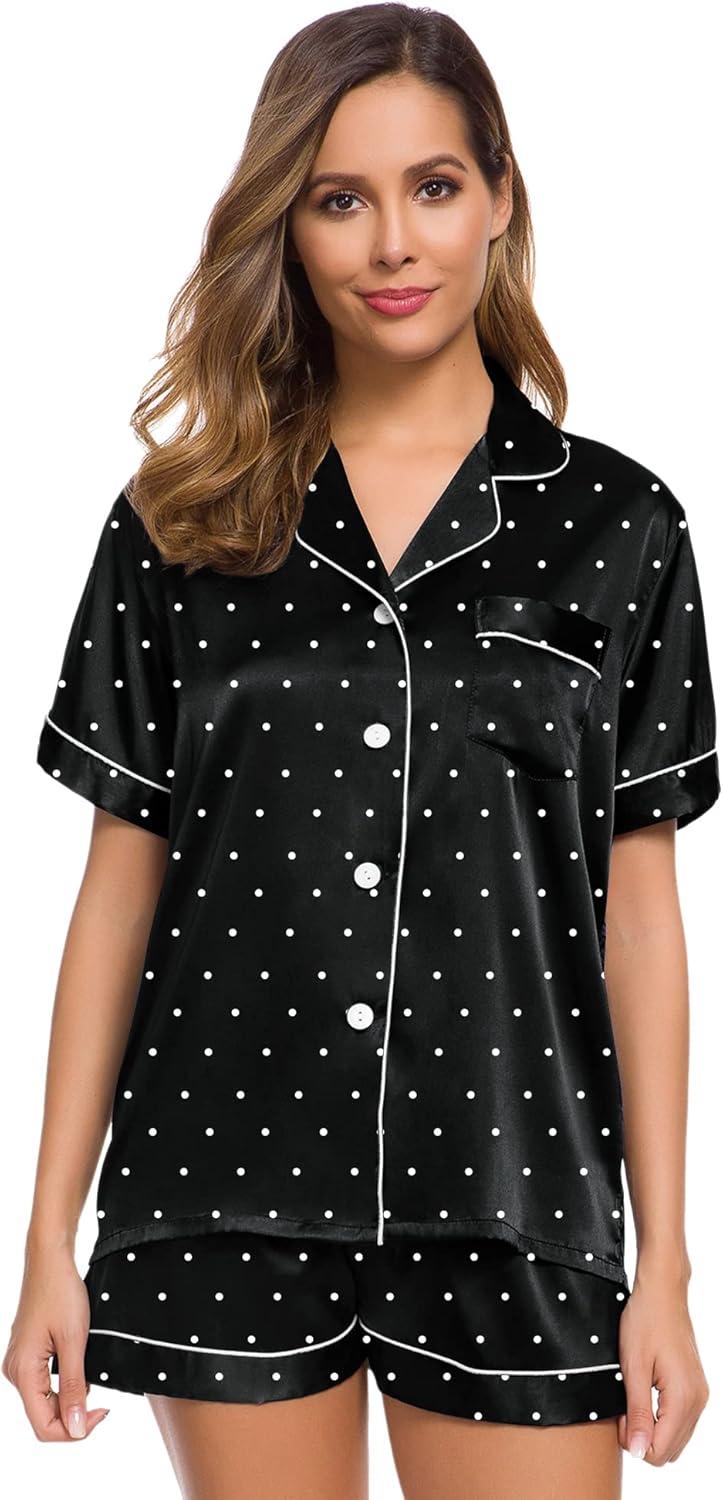 imageSWOMOG Womens Silk Satin Pajamas Set Short Sleeve Sleepwear Button Down Top and Shorts Loungewear 2 Piece Pjs Set XS3XLBlack Dots
