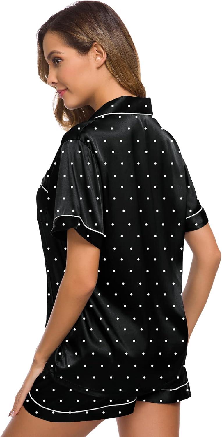 imageSWOMOG Womens Silk Satin Pajamas Set Short Sleeve Sleepwear Button Down Top and Shorts Loungewear 2 Piece Pjs Set XS3XLBlack Dots