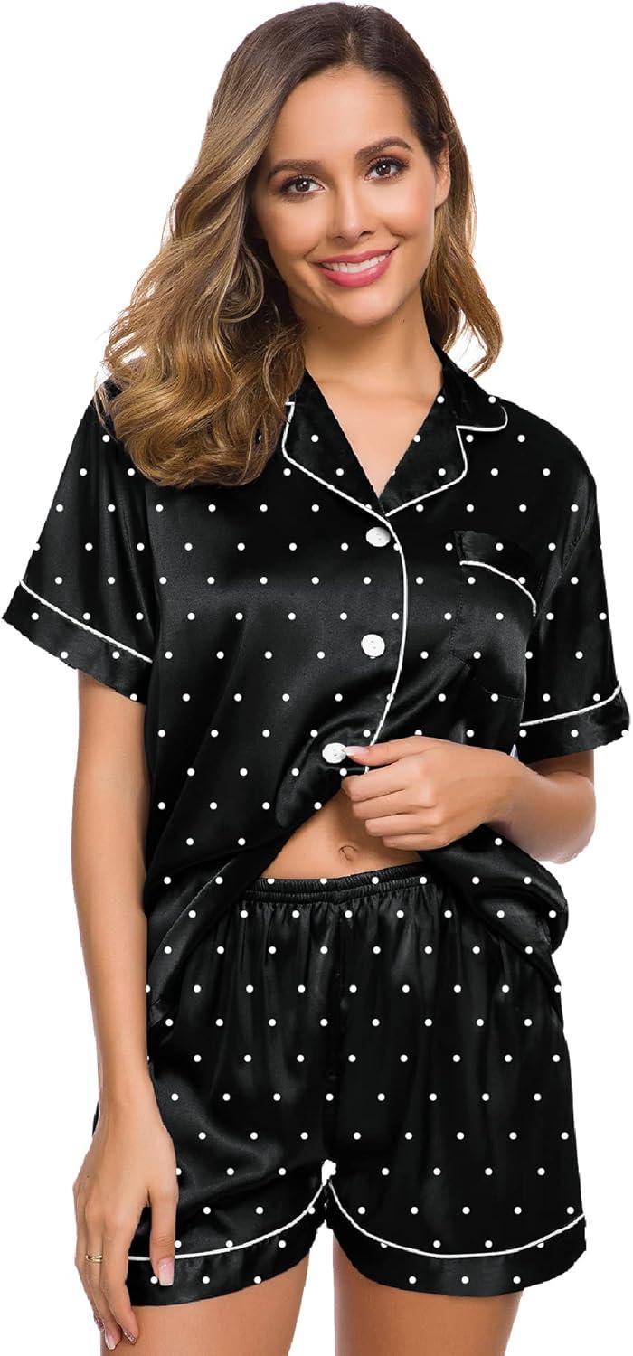 imageSWOMOG Womens Silk Satin Pajamas Set Short Sleeve Sleepwear Button Down Top and Shorts Loungewear 2 Piece Pjs Set XS3XLBlack Dots