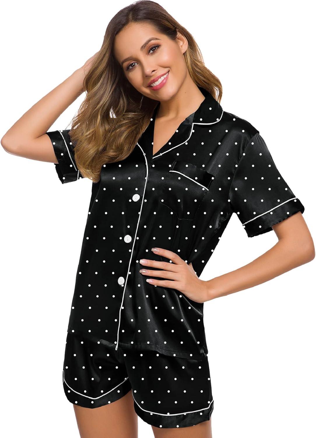 imageSWOMOG Womens Silk Satin Pajamas Set Short Sleeve Sleepwear Button Down Top and Shorts Loungewear 2 Piece Pjs Set XS3XLBlack Dots